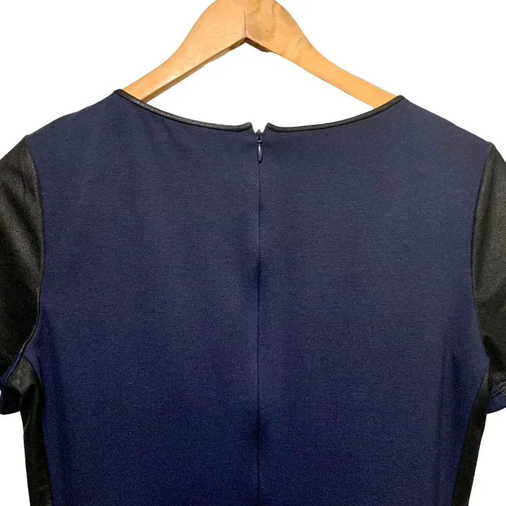Theory Leilana Leather Trim Shift Dress Womens 10 Navy Blue Black Leather - Picture 7 of 10